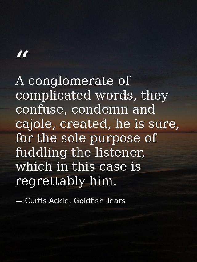 A conglomerate of complicated words, they confuse, condemn and cajole, created, he is sure, for the sole purpose of fudd — Curtis Ackie, Goldfish Tears