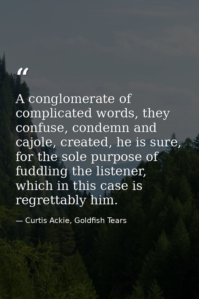 A conglomerate of complicated words, they confuse, condemn and cajole, created, he is sure, for the sole purpose of fudd — Curtis Ackie, Goldfish Tears
