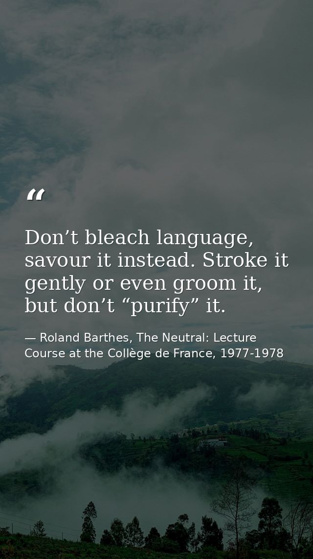 Don’t bleach language, savour it instead. Stroke it gently or even groom it, but don’t “purify” it. — Roland Barthes, The Neutral: Lecture Course at the Collège de France, 1977-1978