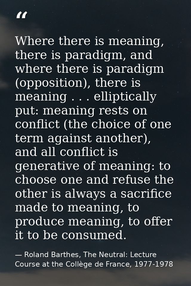 Where there is meaning, there is paradigm, and where there is paradigm (opposition), there is meaning . . . elliptically — Roland Barthes, The Neutral: Lecture Course at the Collège de France, 1977-1978