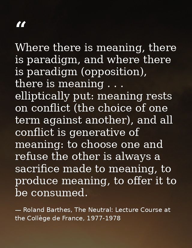 Where there is meaning, there is paradigm, and where there is paradigm (opposition), there is meaning . . . elliptically — Roland Barthes, The Neutral: Lecture Course at the Collège de France, 1977-1978