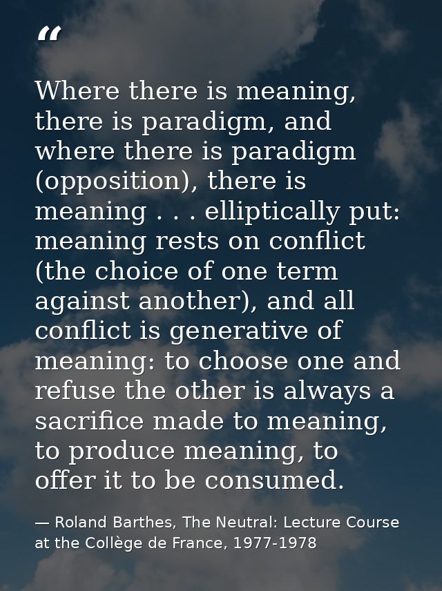 Where there is meaning, there is paradigm, and where there is paradigm (opposition), there is meaning . . . elliptically — Roland Barthes, The Neutral: Lecture Course at the Collège de France, 1977-1978