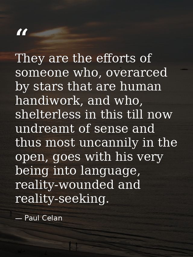 They are the efforts of someone who, overarced by stars that are human handiwork, and who, shelterless in this till now  — Paul Celan