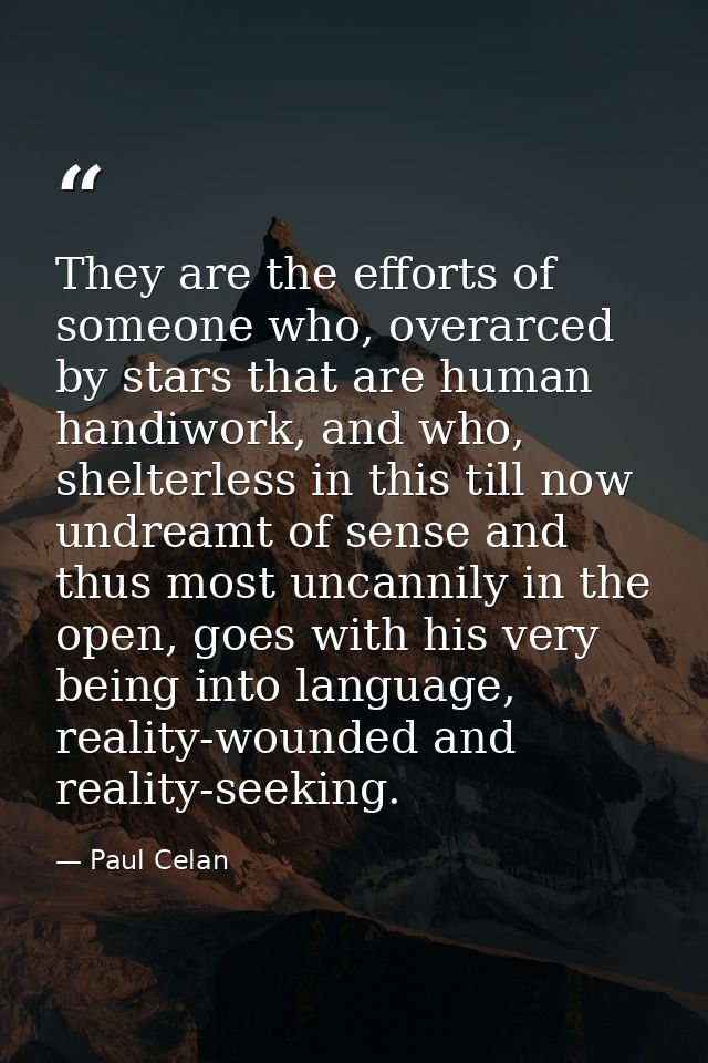 They are the efforts of someone who, overarced by stars that are human handiwork, and who, shelterless in this till now  — Paul Celan