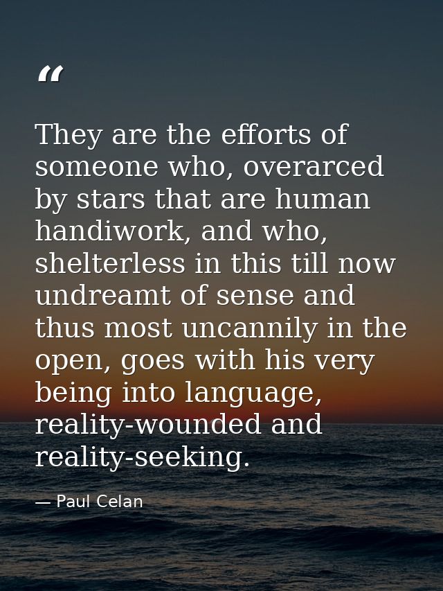 They are the efforts of someone who, overarced by stars that are human handiwork, and who, shelterless in this till now  — Paul Celan