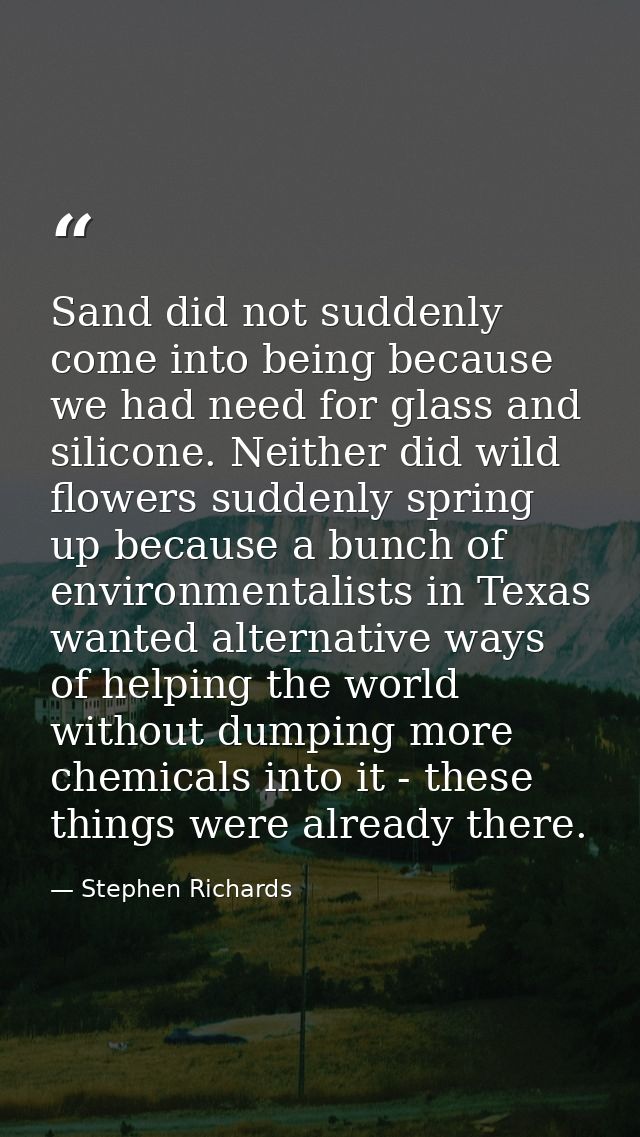 Sand did not suddenly come into being because we had need for glass and silicone. Neither did wild flowers suddenly spri — Stephen Richards
