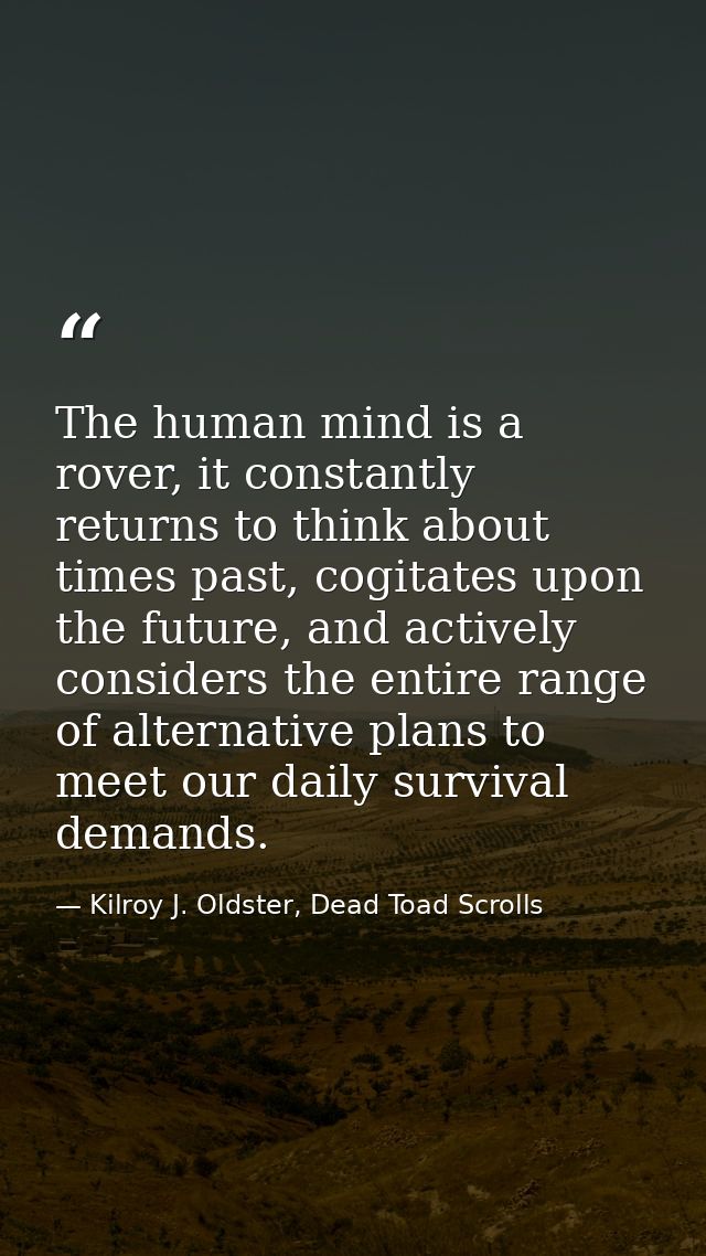 The human mind is a rover, it constantly returns to think about times past, cogitates upon the future, and actively cons — Kilroy J. Oldster, Dead Toad Scrolls