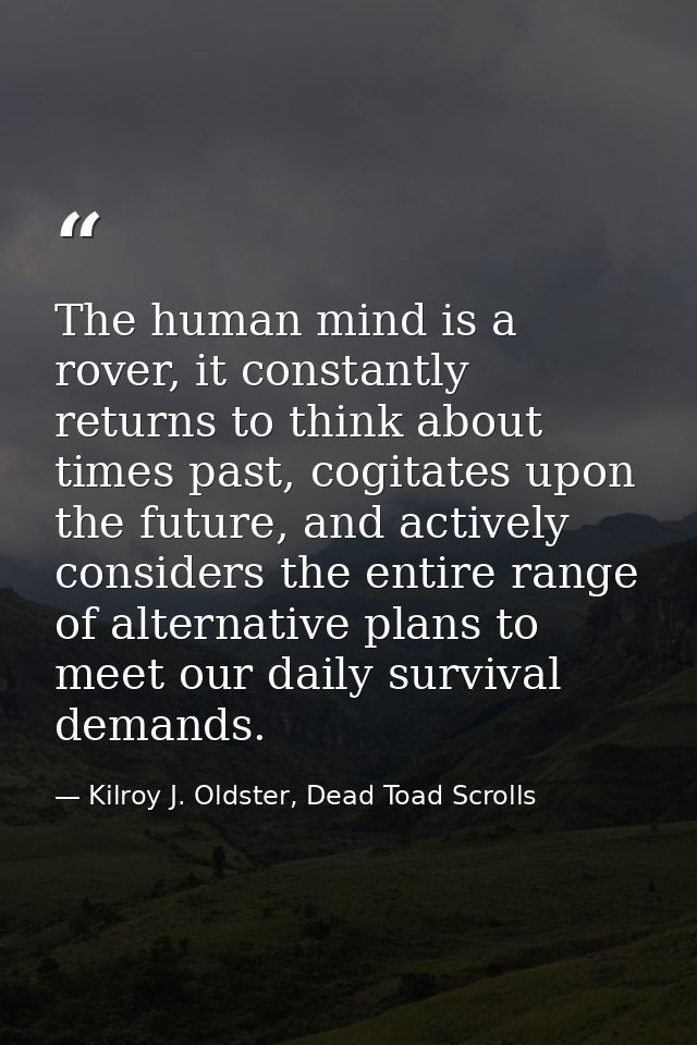 The human mind is a rover, it constantly returns to think about times past, cogitates upon the future, and actively cons — Kilroy J. Oldster, Dead Toad Scrolls
