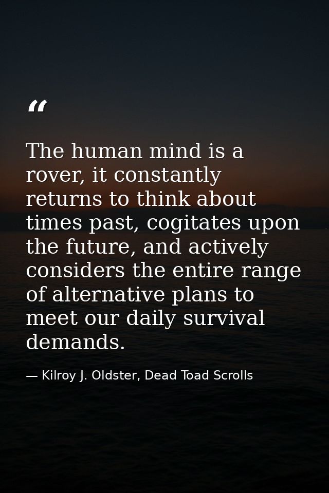 The human mind is a rover, it constantly returns to think about times past, cogitates upon the future, and actively cons — Kilroy J. Oldster, Dead Toad Scrolls