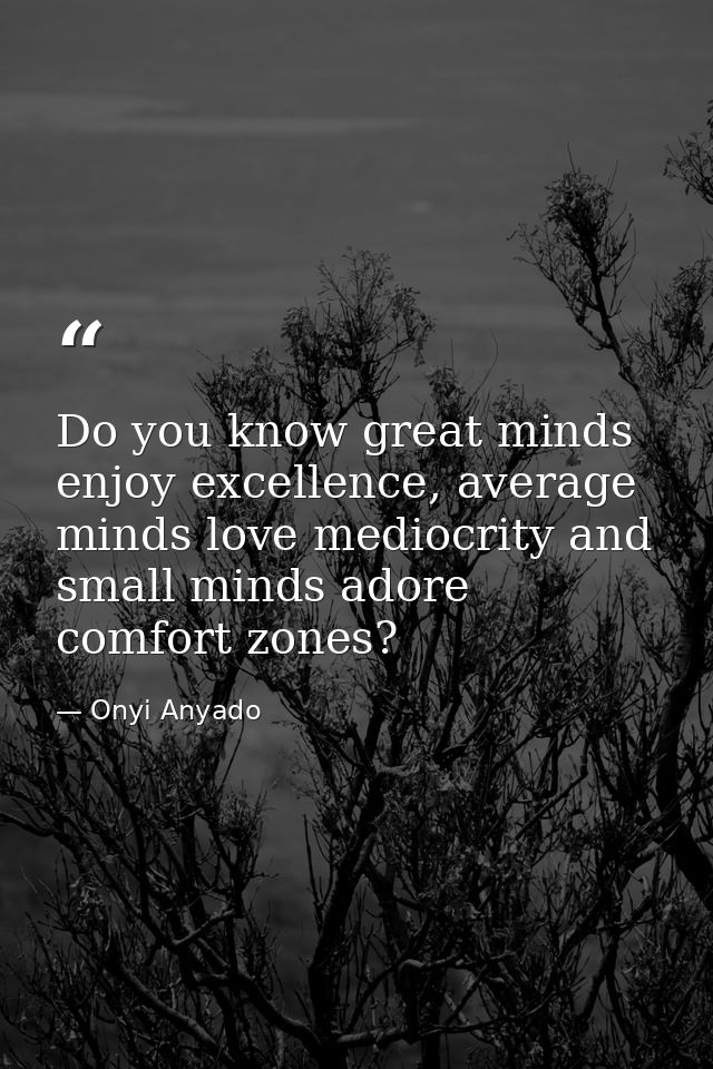 Do you know great minds enjoy excellence, average minds love mediocrity and small minds adore comfort zones? — Onyi Anyado