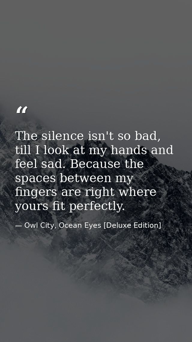 The silence isn't so bad, till I look at my hands and feel sad. Because the spaces between my fingers are right where yo — Owl City, Ocean Eyes [Deluxe Edition]
