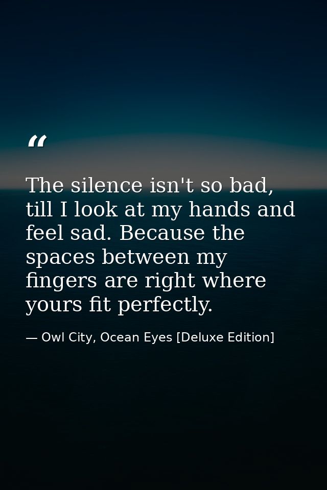 The silence isn't so bad, till I look at my hands and feel sad. Because the spaces between my fingers are right where yo — Owl City, Ocean Eyes [Deluxe Edition]