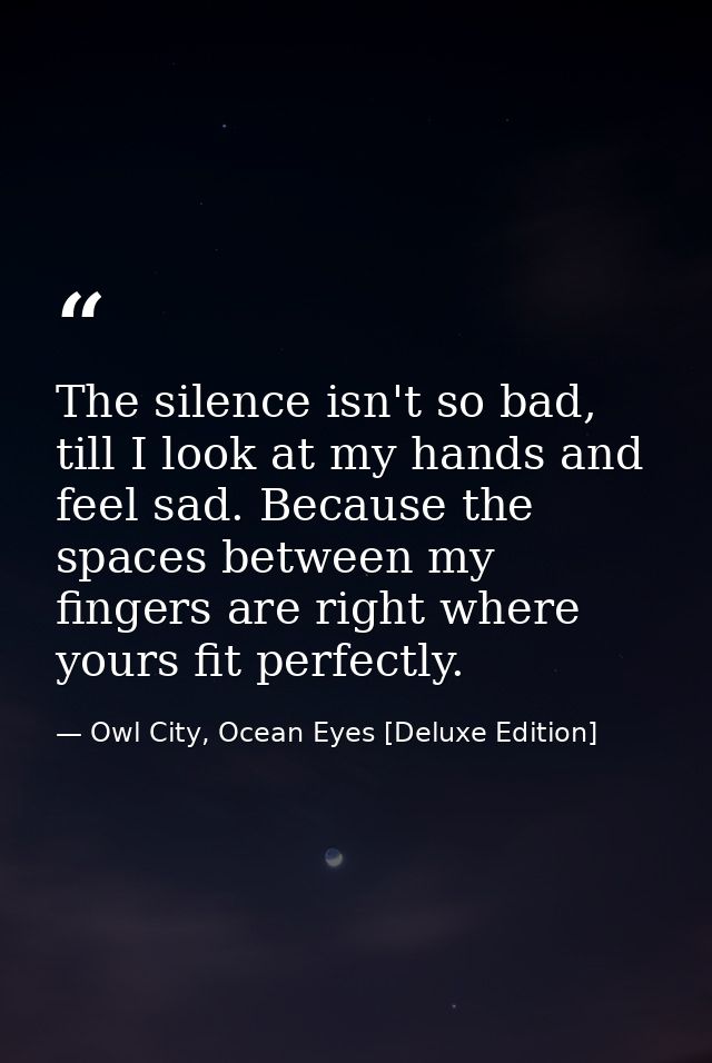 The silence isn't so bad, till I look at my hands and feel sad. Because the spaces between my fingers are right where yo — Owl City, Ocean Eyes [Deluxe Edition]