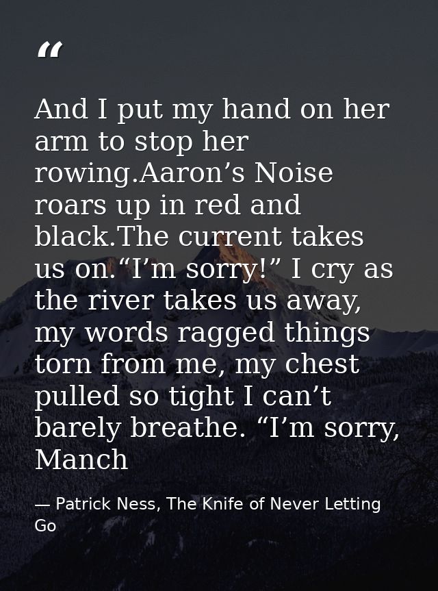 And I put my hand on her arm to stop her rowing.Aaron’s Noise roars up in red and black.The current takes us on.“I’m sor — Patrick Ness, The Knife of Never Letting Go