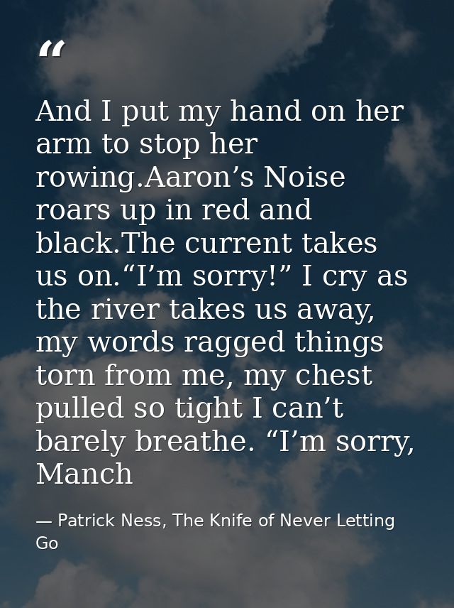 And I put my hand on her arm to stop her rowing.Aaron’s Noise roars up in red and black.The current takes us on.“I’m sor — Patrick Ness, The Knife of Never Letting Go