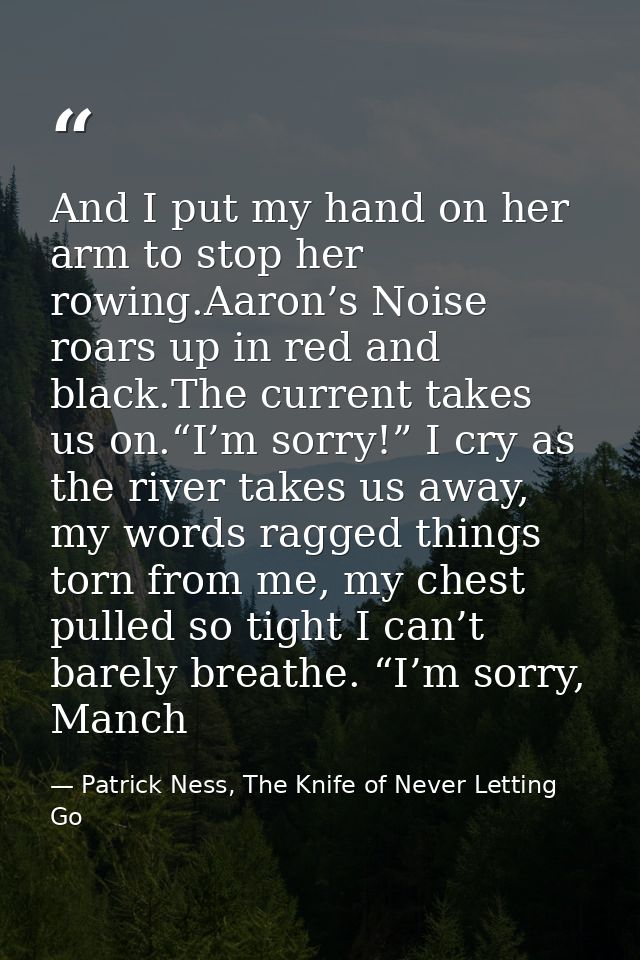 And I put my hand on her arm to stop her rowing.Aaron’s Noise roars up in red and black.The current takes us on.“I’m sor — Patrick Ness, The Knife of Never Letting Go