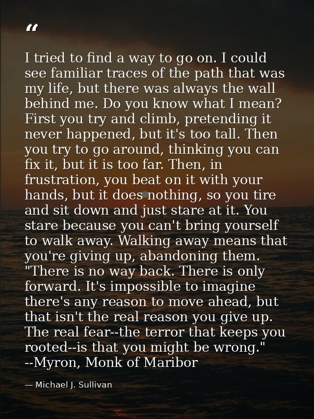 I tried to find a way to go on. I could see familiar traces of the path that was my life, but there was always the wall  — Michael J. Sullivan
