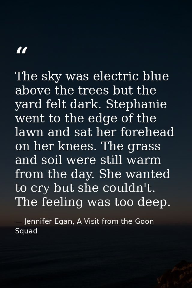 The sky was electric blue above the trees but the yard felt dark. Stephanie went to the edge of the lawn and sat her for — Jennifer Egan, A Visit from the Goon Squad