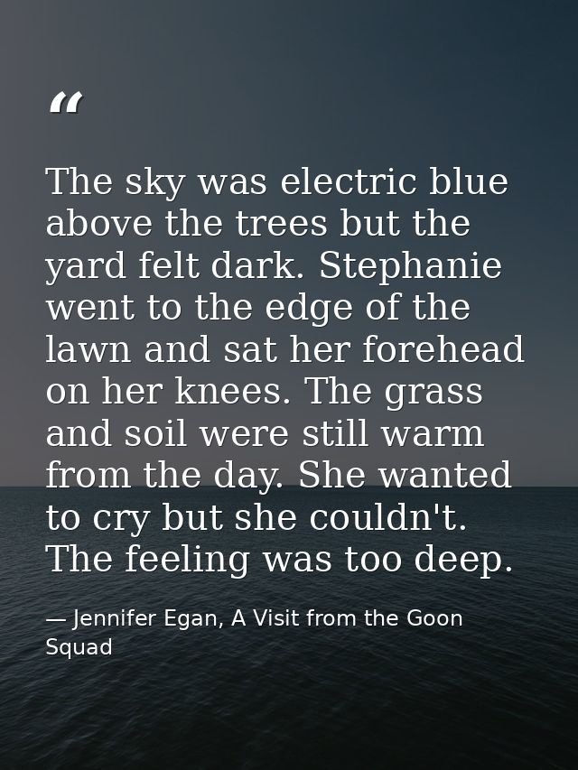 The sky was electric blue above the trees but the yard felt dark. Stephanie went to the edge of the lawn and sat her for — Jennifer Egan, A Visit from the Goon Squad