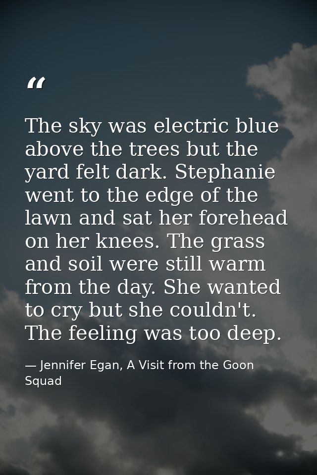 The sky was electric blue above the trees but the yard felt dark. Stephanie went to the edge of the lawn and sat her for — Jennifer Egan, A Visit from the Goon Squad