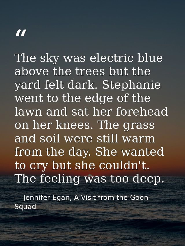 The sky was electric blue above the trees but the yard felt dark. Stephanie went to the edge of the lawn and sat her for — Jennifer Egan, A Visit from the Goon Squad