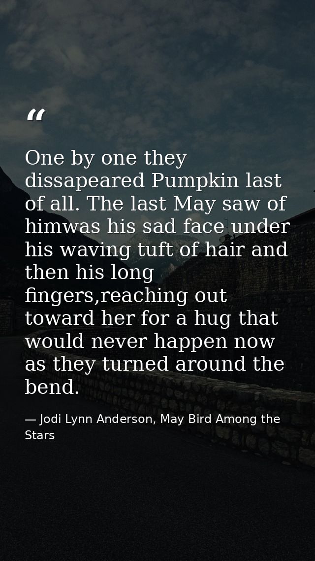 One by one they dissapeared Pumpkin last of all. The last May saw of himwas his sad face under his waving tuft of hair a — Jodi Lynn Anderson, May Bird Among the Stars