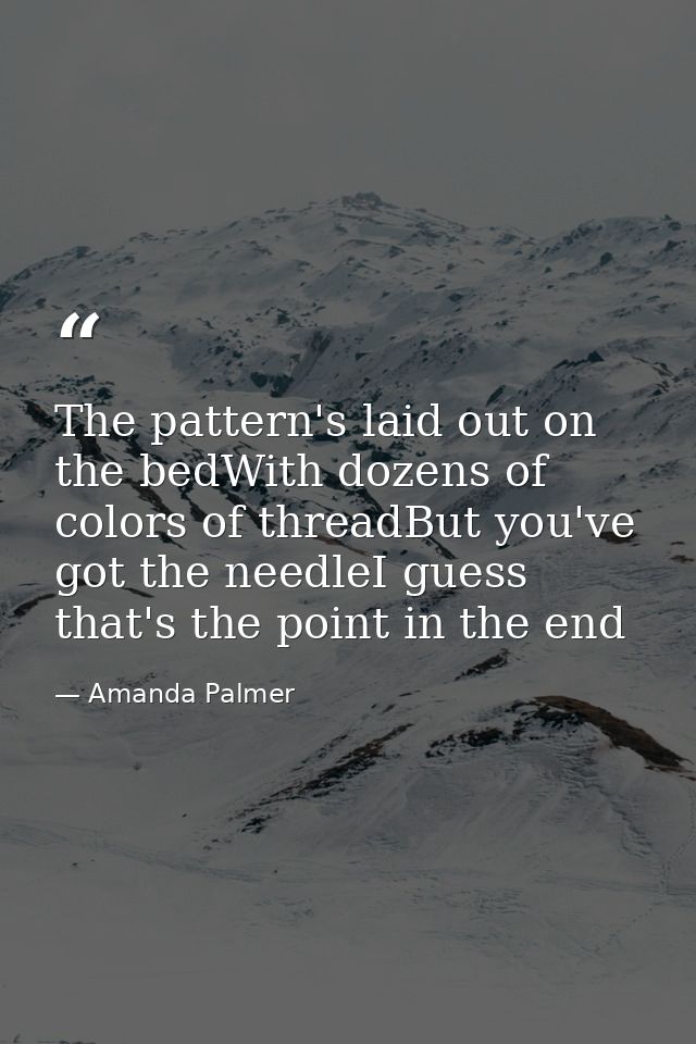 The pattern's laid out on the bedWith dozens of colors of threadBut you've got the needleI guess that's the point in the — Amanda Palmer