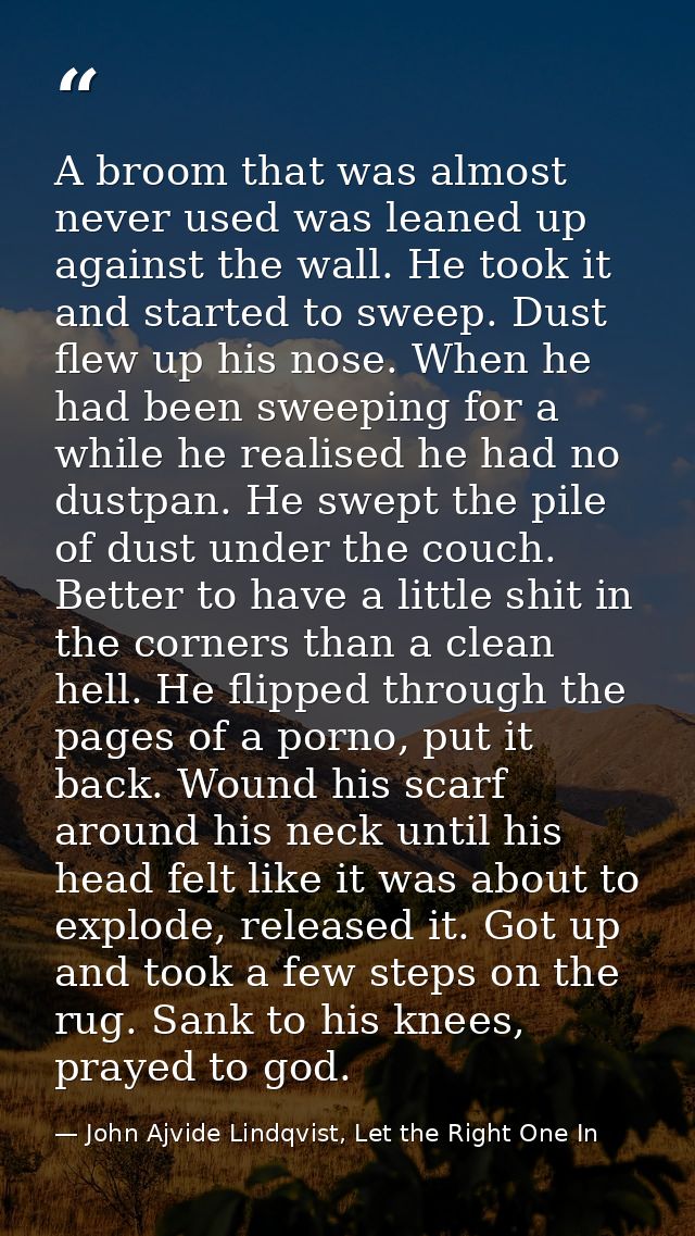 A broom that was almost never used was leaned up against the wall. He took it and started to sweep. Dust flew up his nos — John Ajvide Lindqvist, Let the Right One In
