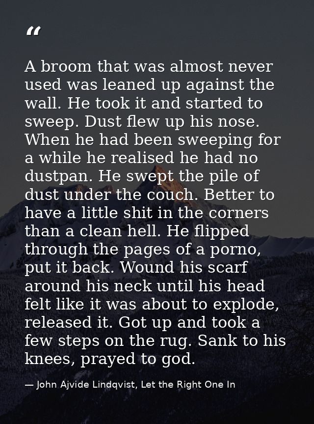 A broom that was almost never used was leaned up against the wall. He took it and started to sweep. Dust flew up his nos — John Ajvide Lindqvist, Let the Right One In