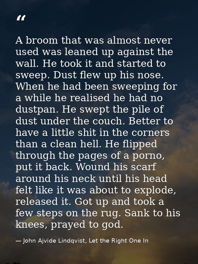 A broom that was almost never used was leaned up against the wall. He took it and started to sweep. Dust flew up his nos — John Ajvide Lindqvist, Let the Right One In