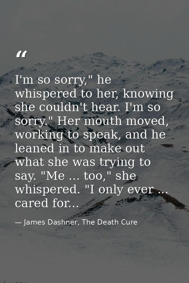 I'm so sorry," he whispered to her, knowing she couldn't hear. I'm so sorry." Her mouth moved, working to speak, and he  — James Dashner, The Death Cure