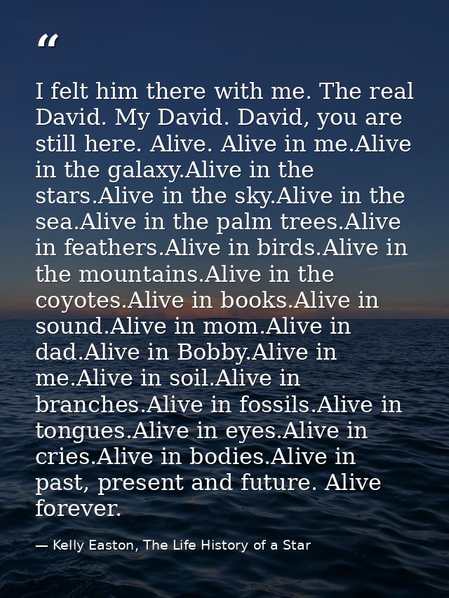 I felt him there with me. The real David. My David. David, you are still here. Alive. Alive in me.Alive in the galaxy.Al — Kelly Easton, The Life History of a Star