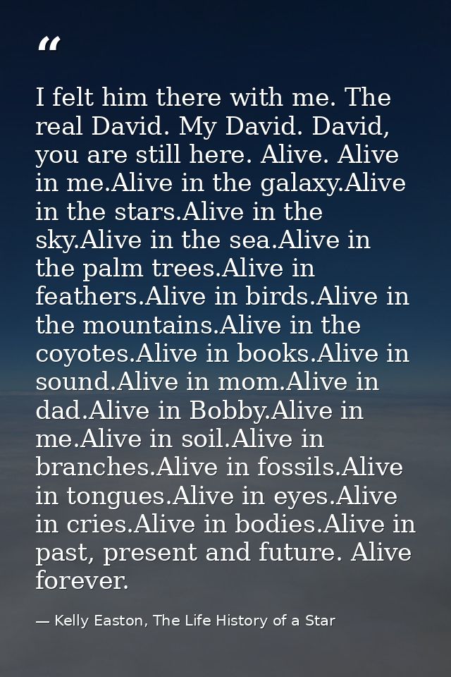 I felt him there with me. The real David. My David. David, you are still here. Alive. Alive in me.Alive in the galaxy.Al — Kelly Easton, The Life History of a Star