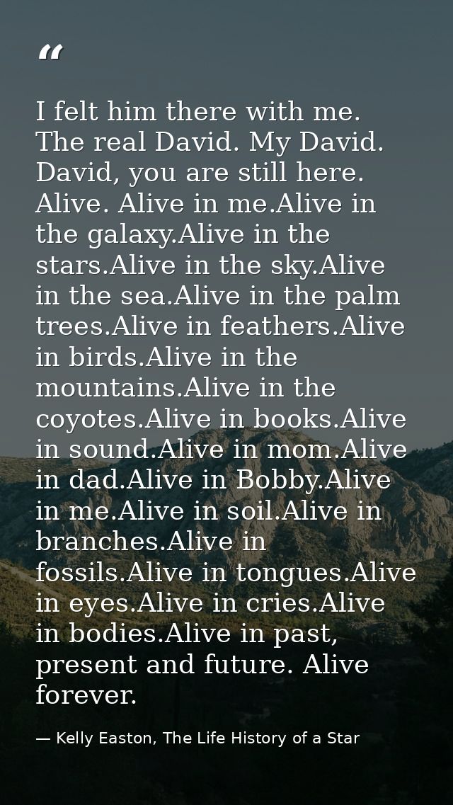 I felt him there with me. The real David. My David. David, you are still here. Alive. Alive in me.Alive in the galaxy.Al — Kelly Easton, The Life History of a Star