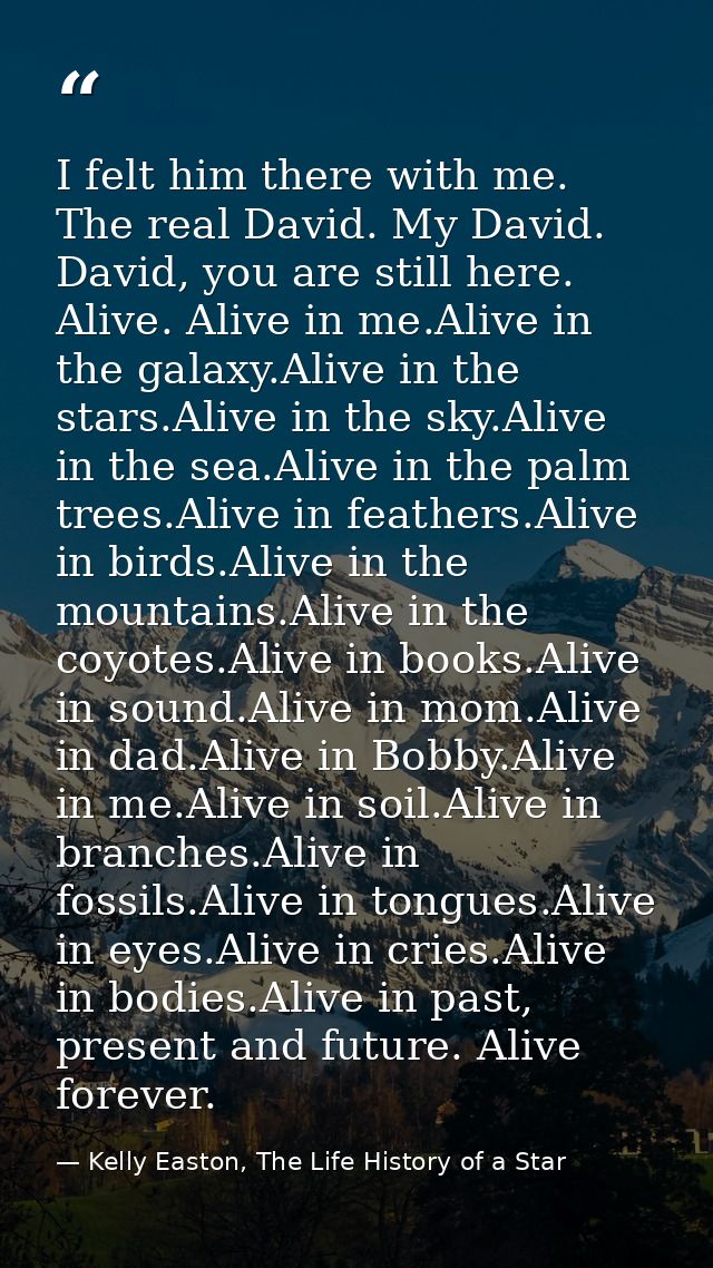I felt him there with me. The real David. My David. David, you are still here. Alive. Alive in me.Alive in the galaxy.Al — Kelly Easton, The Life History of a Star