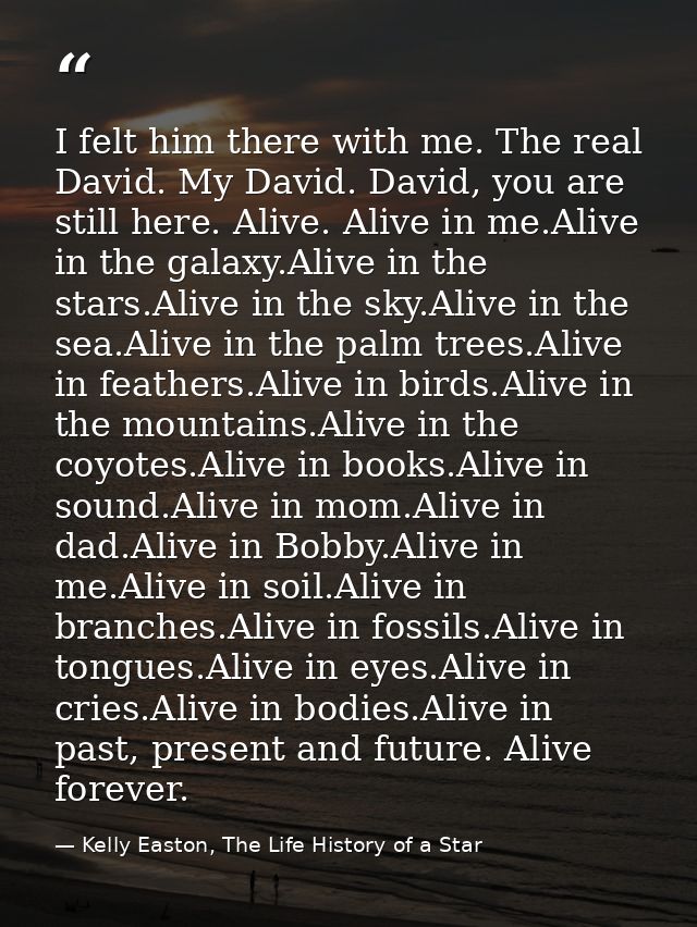 I felt him there with me. The real David. My David. David, you are still here. Alive. Alive in me.Alive in the galaxy.Al — Kelly Easton, The Life History of a Star