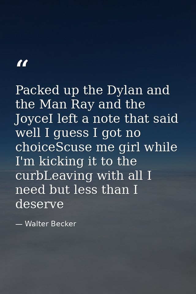 Packed up the Dylan and the Man Ray and the JoyceI left a note that said well I guess I got no choiceScuse me girl while — Walter Becker