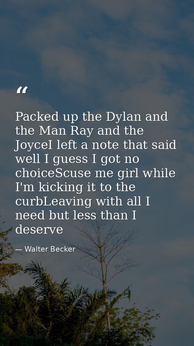 Packed up the Dylan and the Man Ray and the JoyceI left a note that said well I guess I got no choiceScuse me girl while — Walter Becker