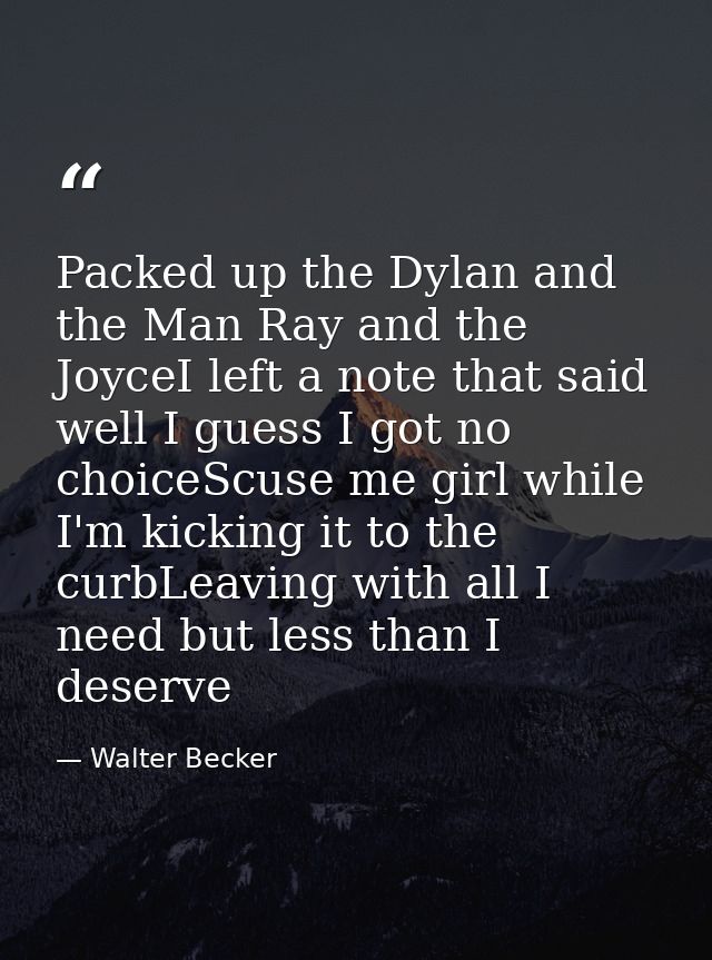 Packed up the Dylan and the Man Ray and the JoyceI left a note that said well I guess I got no choiceScuse me girl while — Walter Becker