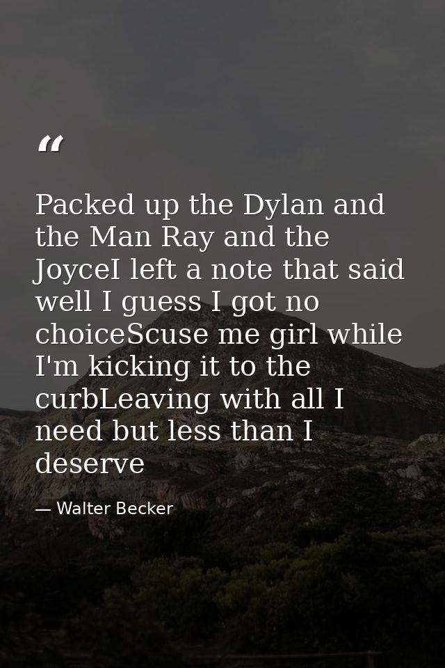 Packed up the Dylan and the Man Ray and the JoyceI left a note that said well I guess I got no choiceScuse me girl while — Walter Becker