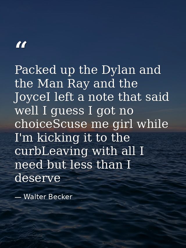Packed up the Dylan and the Man Ray and the JoyceI left a note that said well I guess I got no choiceScuse me girl while — Walter Becker
