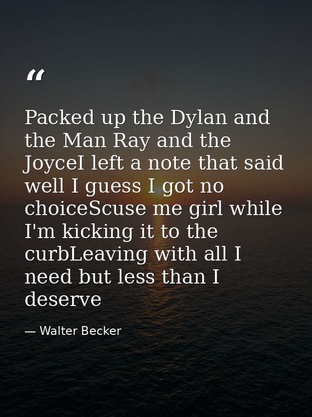 Packed up the Dylan and the Man Ray and the JoyceI left a note that said well I guess I got no choiceScuse me girl while — Walter Becker