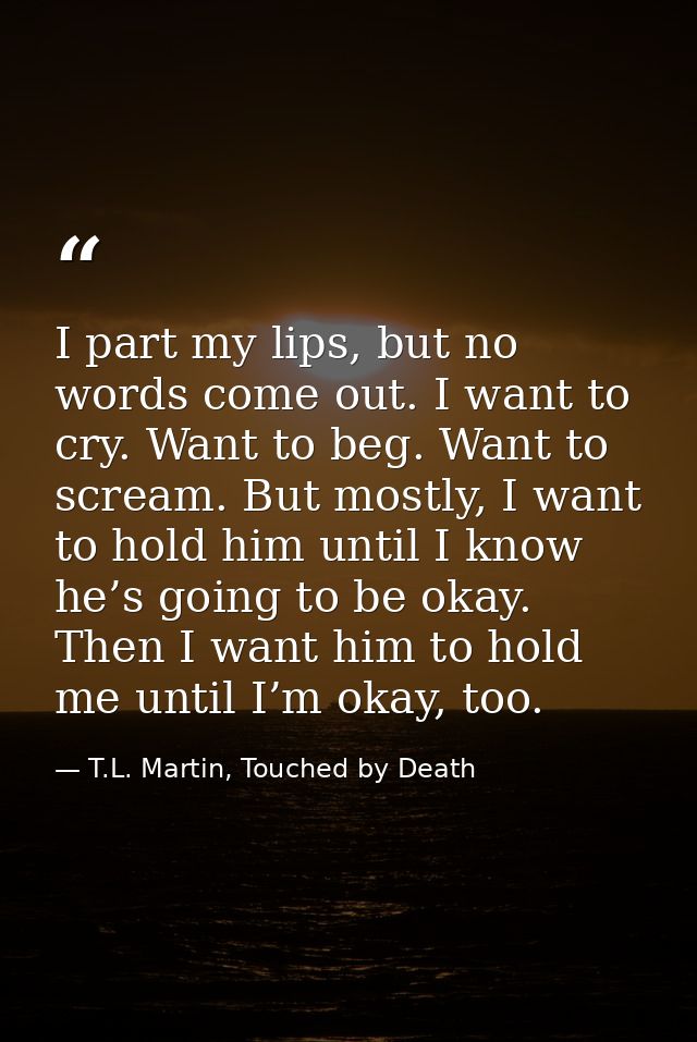 I part my lips, but no words come out. I want to cry. Want to beg. Want to scream. But mostly, I want to hold him until  — T.L. Martin, Touched by Death
