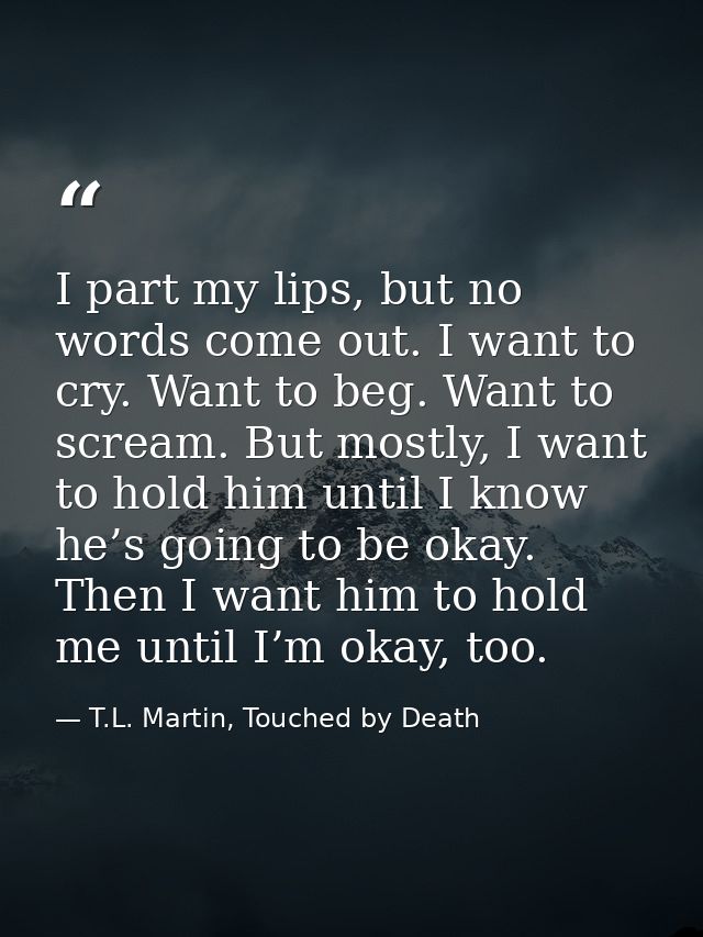 I part my lips, but no words come out. I want to cry. Want to beg. Want to scream. But mostly, I want to hold him until  — T.L. Martin, Touched by Death