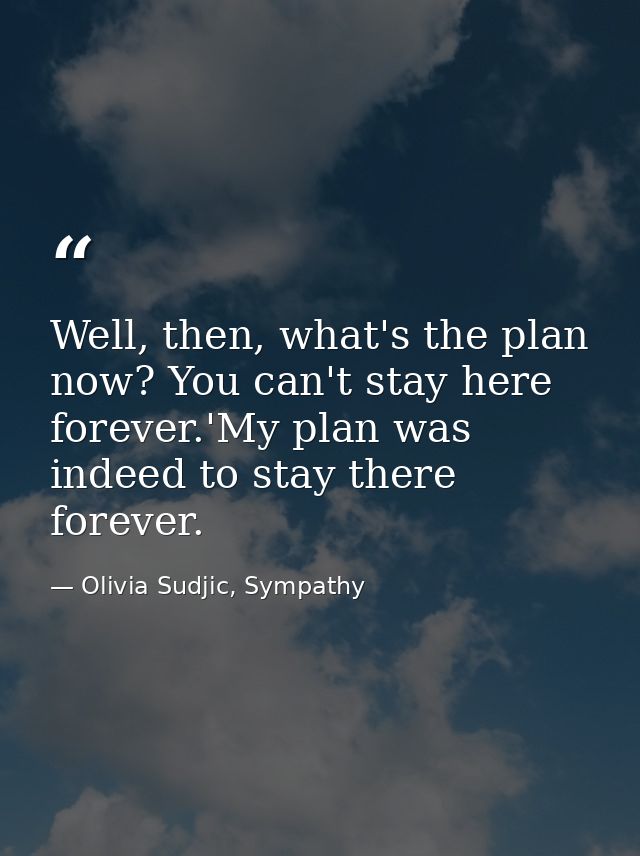 Well, then, what's the plan now? You can't stay here forever.'My plan was indeed to stay there forever. — Olivia Sudjic, Sympathy