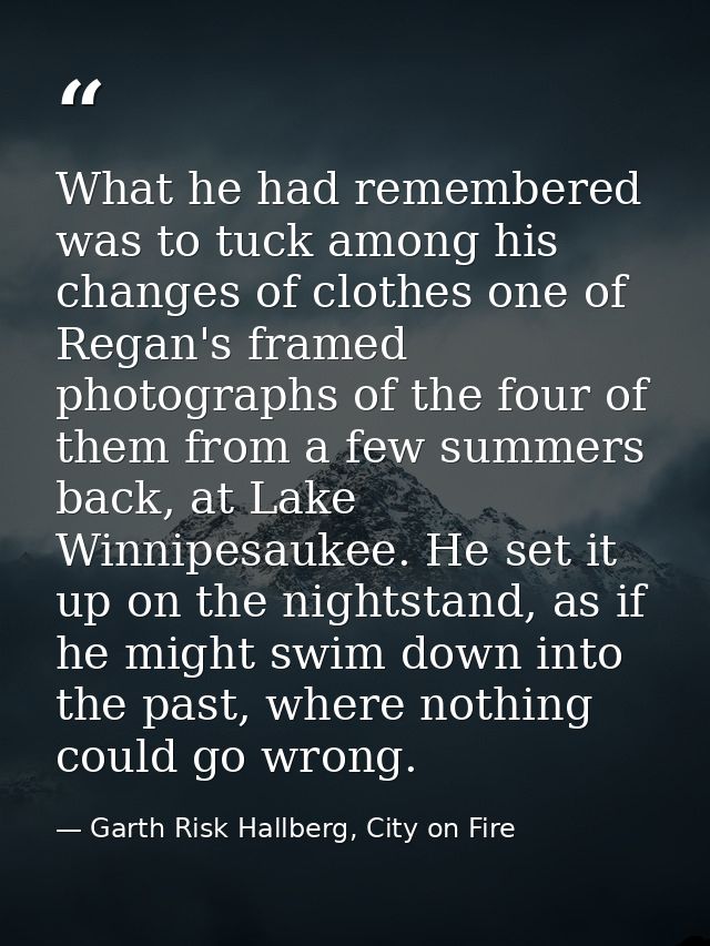 What he had remembered was to tuck among his changes of clothes one of Regan's framed photographs of the four of them fr — Garth Risk Hallberg, City on Fire