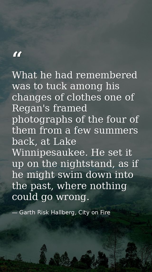 What he had remembered was to tuck among his changes of clothes one of Regan's framed photographs of the four of them fr — Garth Risk Hallberg, City on Fire