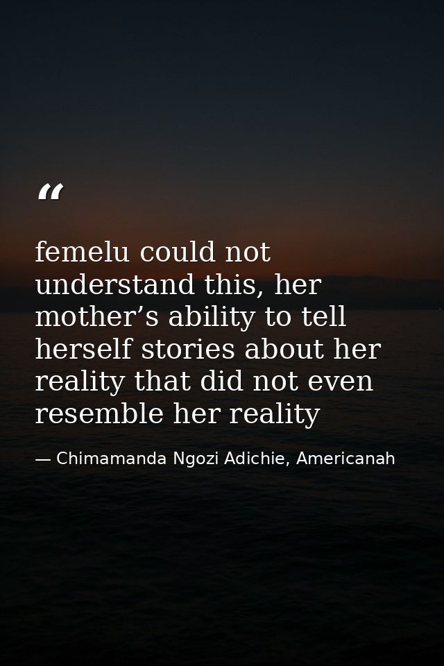 femelu could not understand this, her mother’s ability to tell herself stories about her reality that did not even resem — Chimamanda Ngozi Adichie, Americanah