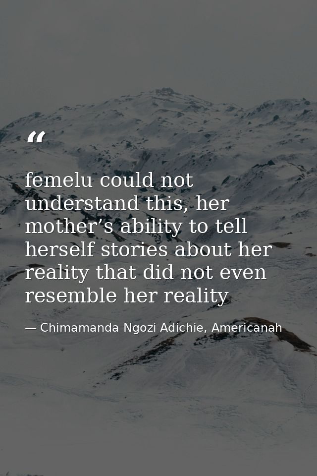 femelu could not understand this, her mother’s ability to tell herself stories about her reality that did not even resem — Chimamanda Ngozi Adichie, Americanah