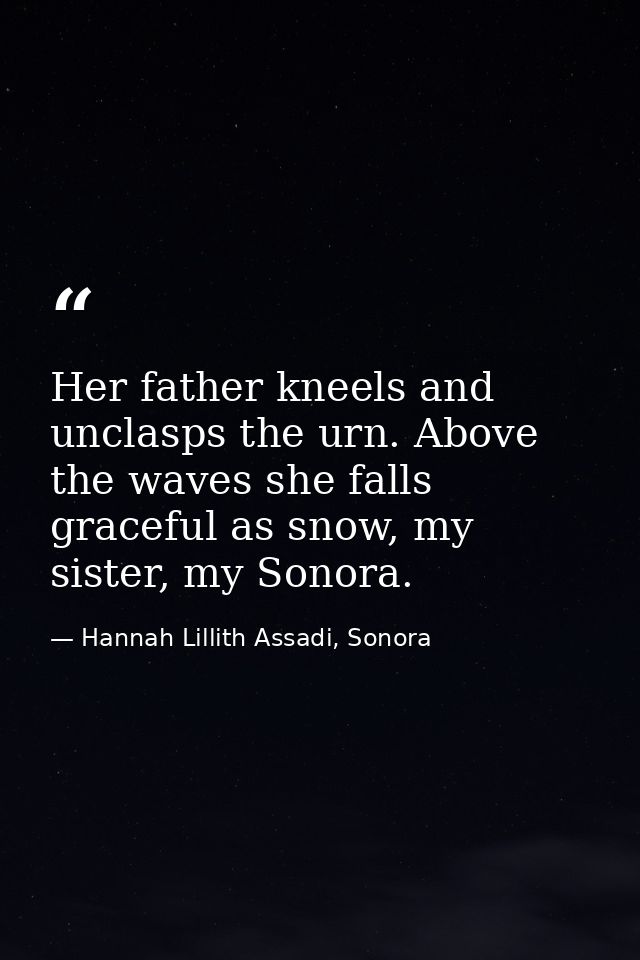 Her father kneels and unclasps the urn. Above the waves she falls graceful as snow, my sister, my Sonora. — Hannah Lillith Assadi, Sonora